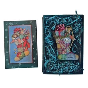 Collectible Christmas Stocking Ornament‎ Figurine with Child and Bunny 1999